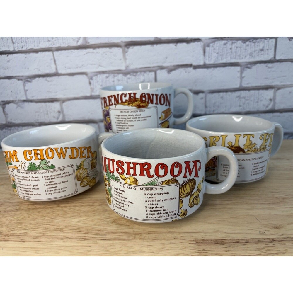 4 Vintage Soup Recipe Mugs Split Pea Mushroom Clam Chowder French Onion